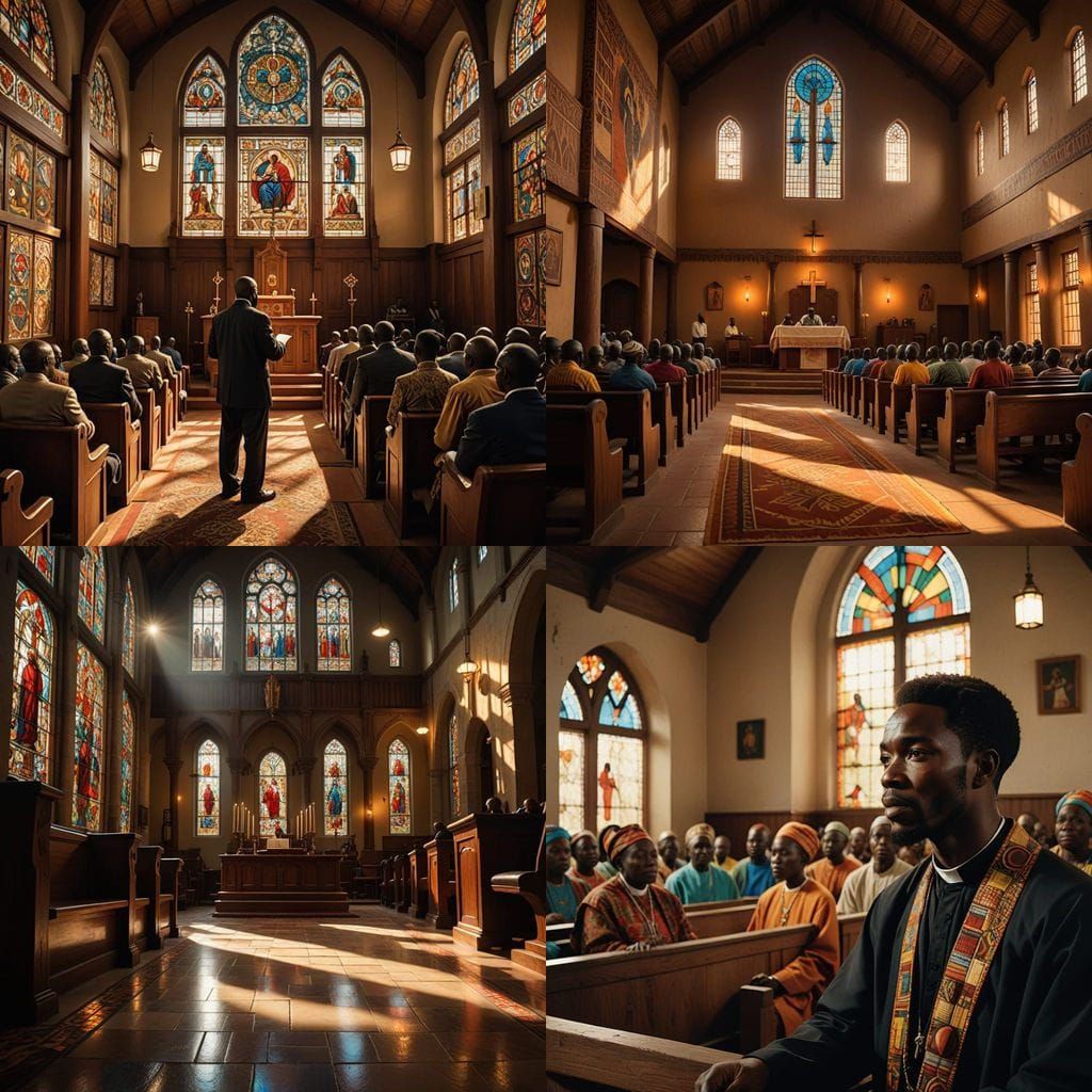 Traditional African Church Interior with Preacher in Devotio...