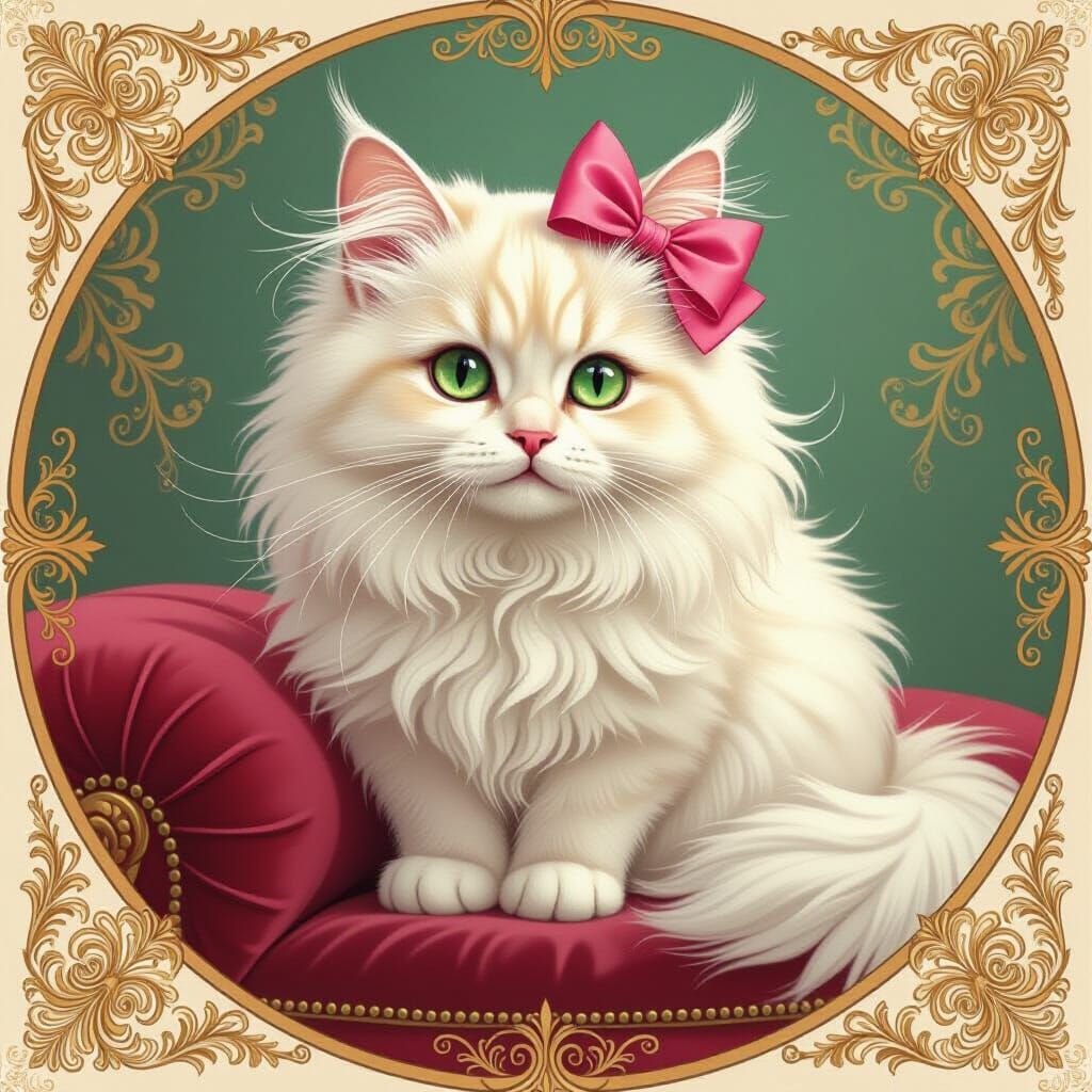 Fluffy White Cat with Bows, in Storybook Style