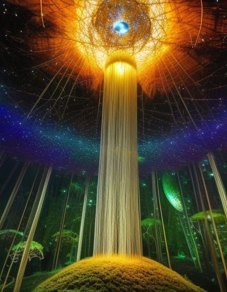 Ethereal Scene of a Woman Stargazing in a Fungi-Infused Real...