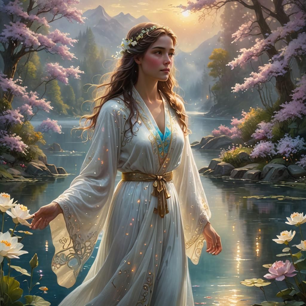 Ethereal Woman Basking in Golden Light Amongst Glowing Ostre...