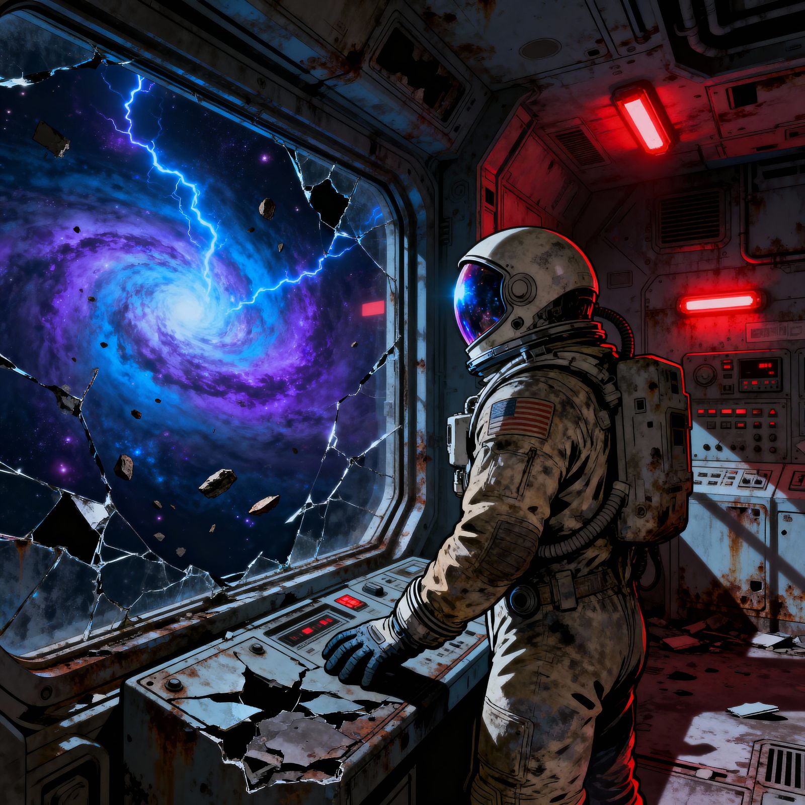 Astronaut Gazes at Nebula from Derelict Starship