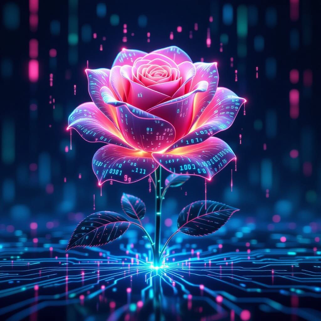 Digital Rose of Code in Neon Cyber Landscape