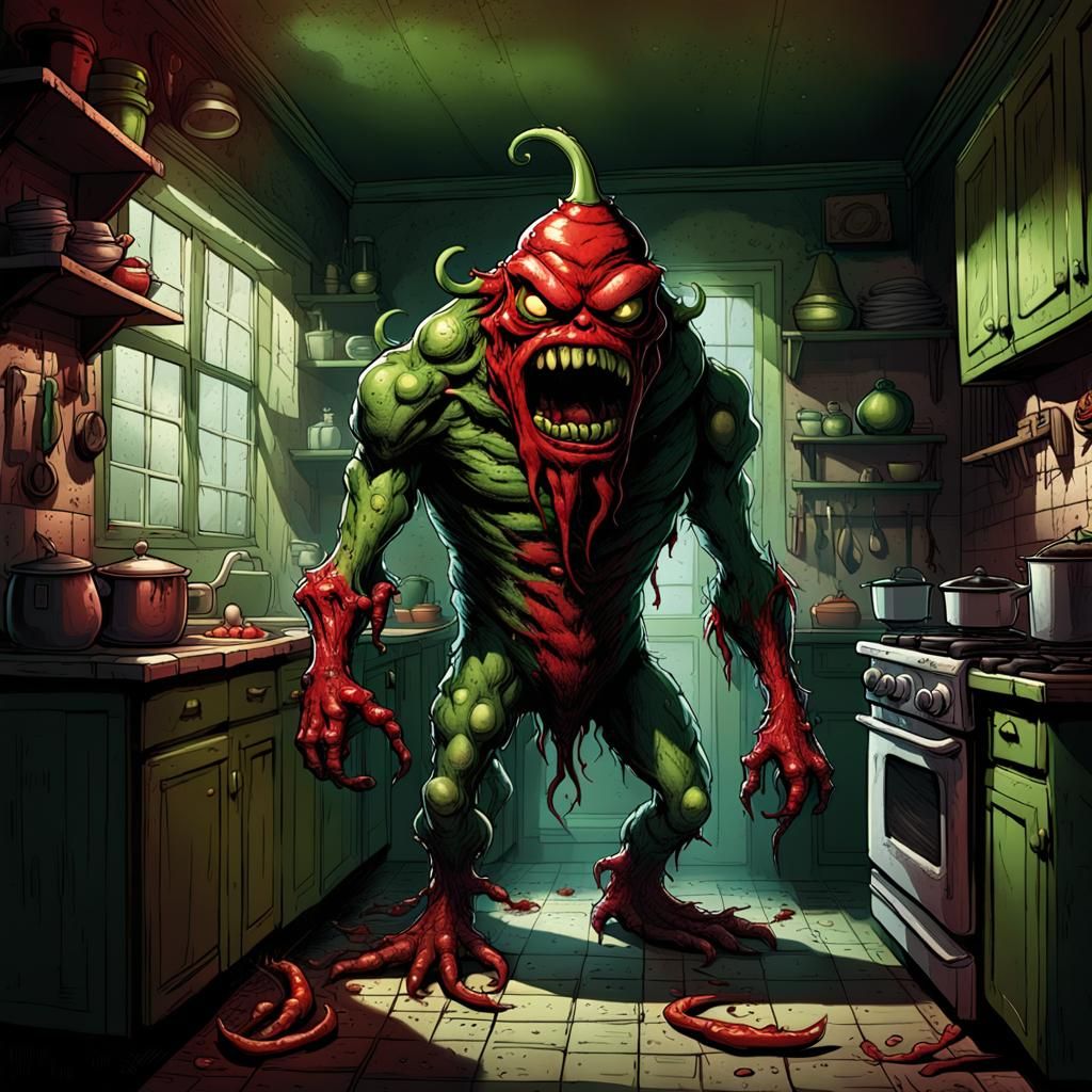 Gritty Red and Green Monster in Old Kitchen
