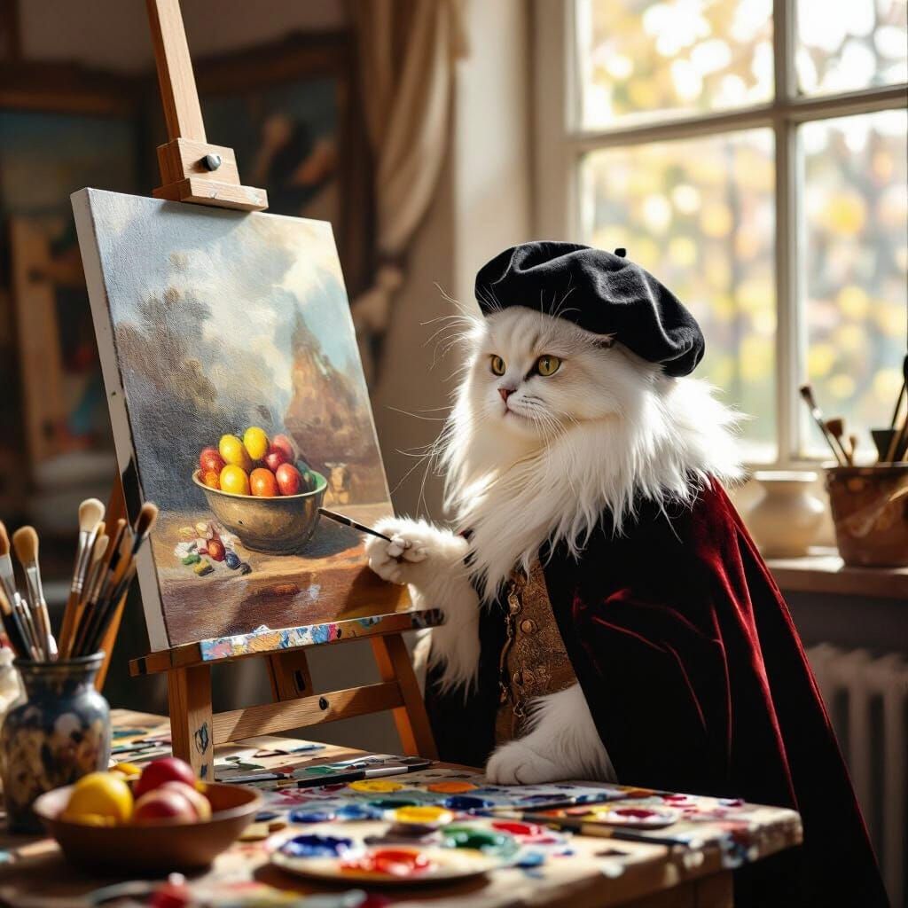 Cat as Renaissance Painter in Vermeer Style