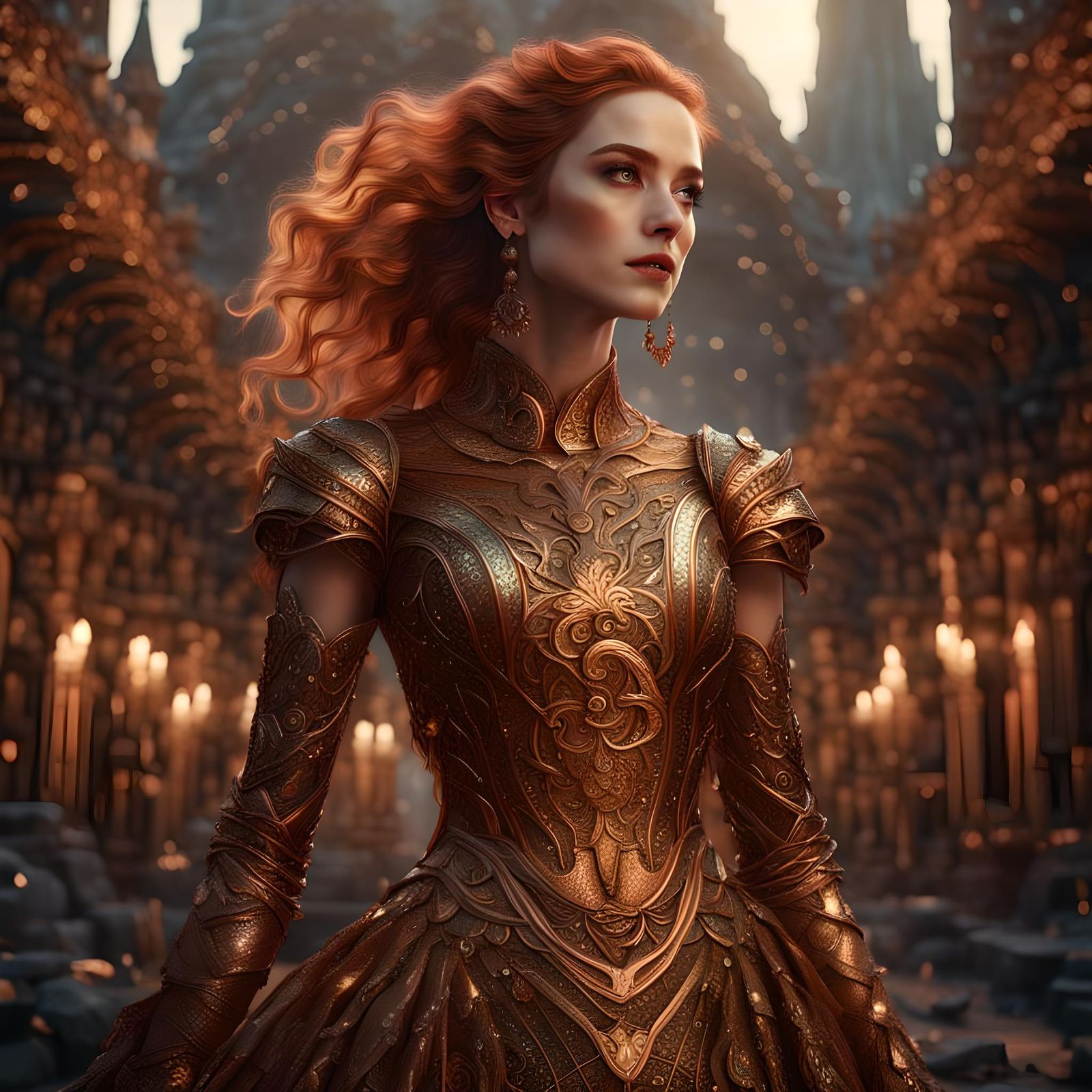 Woman in Copper Dress: Detailed Matte Painting