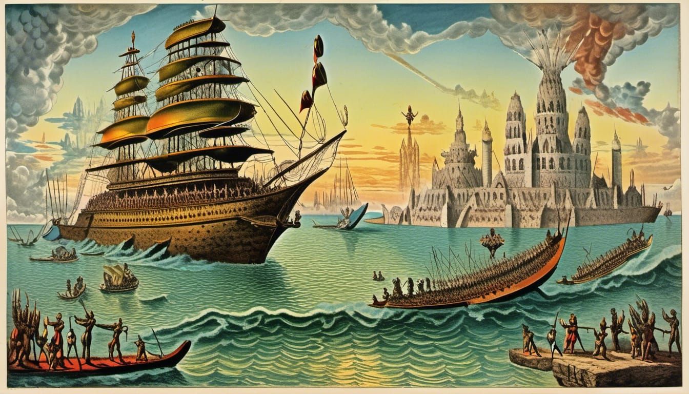 Cyberpunk Battlecruiser Meets Ancient Wonder in Vibrant Divi...