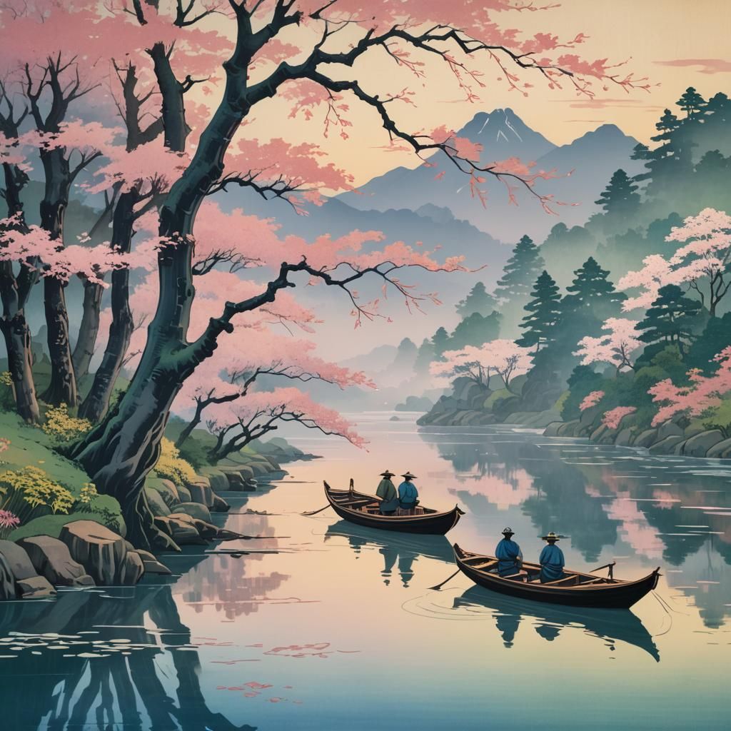 Dreamy Ukiyo-E Woodblock Scene with Pink Leaves