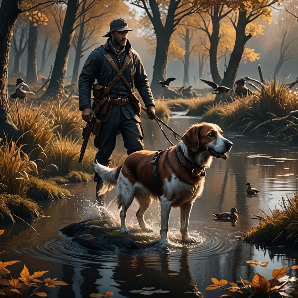 Hunting Dog and Owner in Detailed Fantasy Landscape