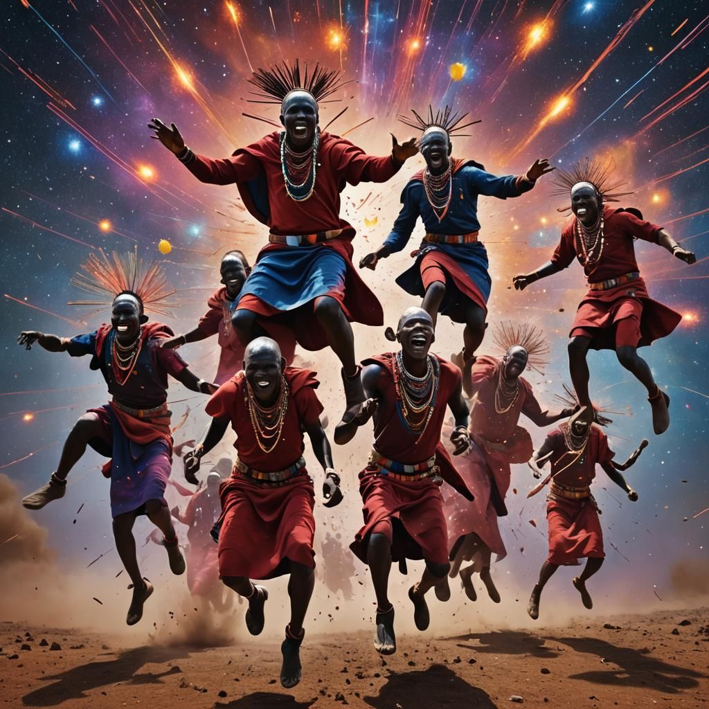 Surreal Maasai Warriors soar Through Cosmic Realms