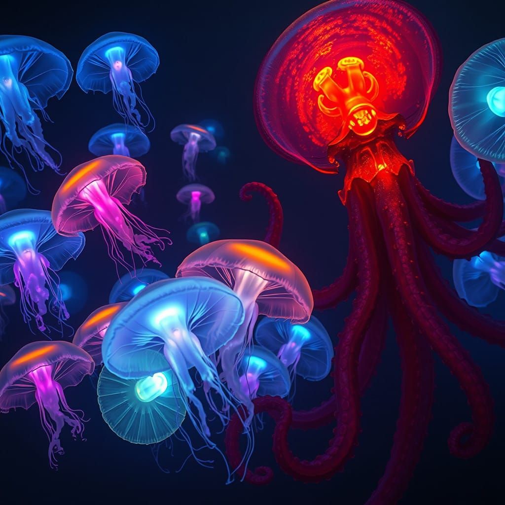 Ethereal Bioluminescent Jellyfish Ambush a Savage Octopus in...
