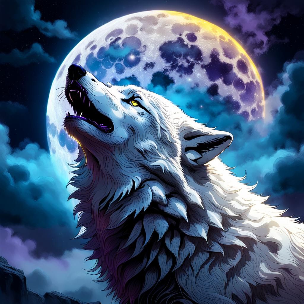 Surreal Dark Fantasy Wolf Howls at Ethereal Blue Moon