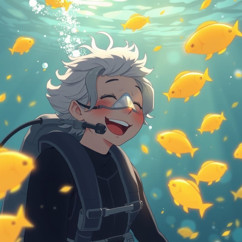 A Calm Old Lady Surrounded by Glowing Fish, in Anime Style