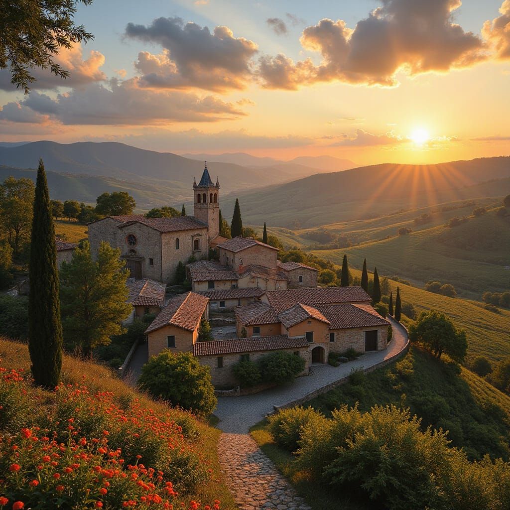 Fantasy Village with Vineyards in Iridescent Light