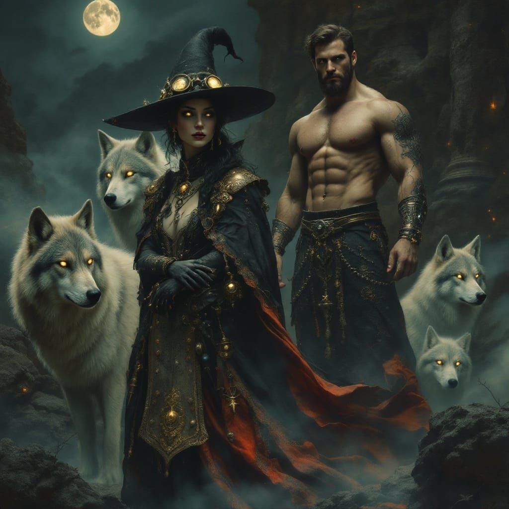 Surreal Renaissance Witch in Steampunk Attire with Wolves an...