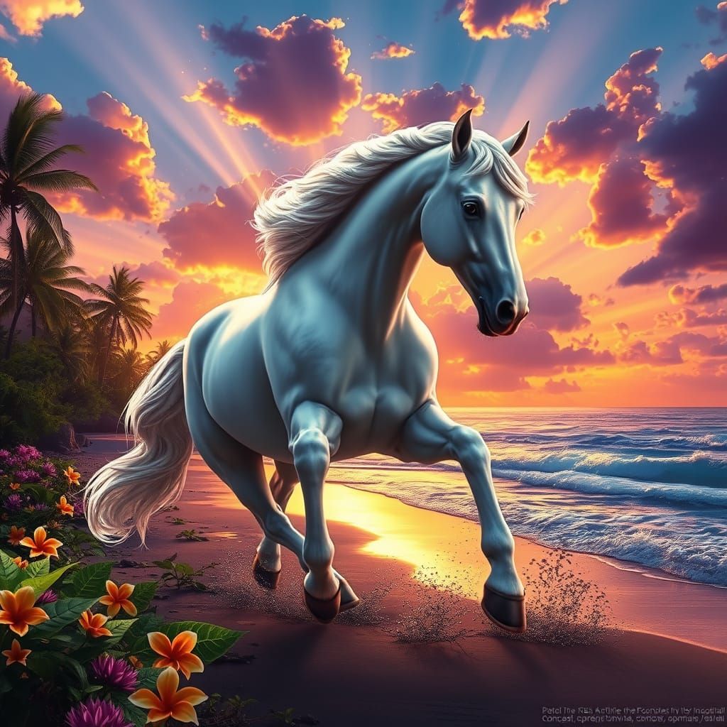 Regal White Arabian Stallion in Sunset Canter on Tropical Be...