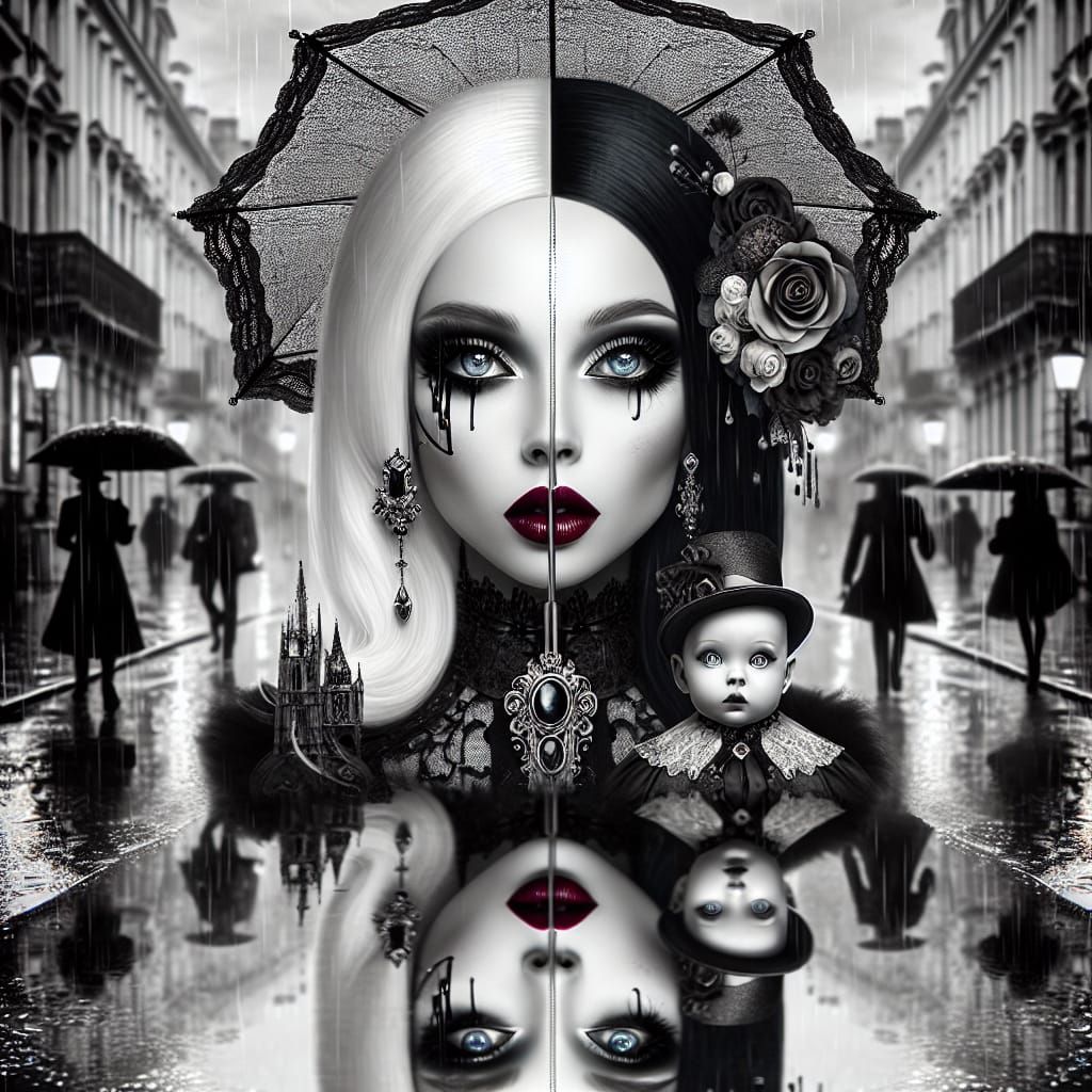 Gothic Noir Goddess in Rainy Street Scene