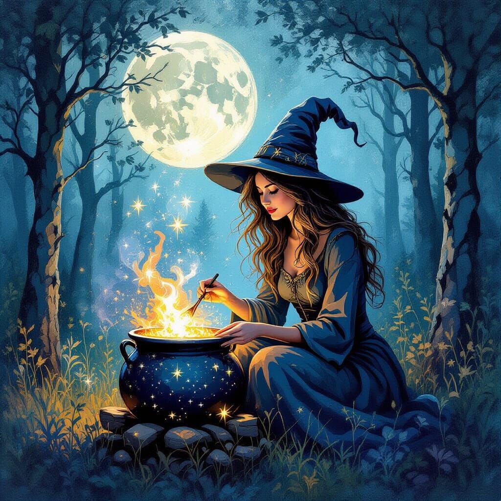Forest Witch Brews Moonlight in Star Cauldron