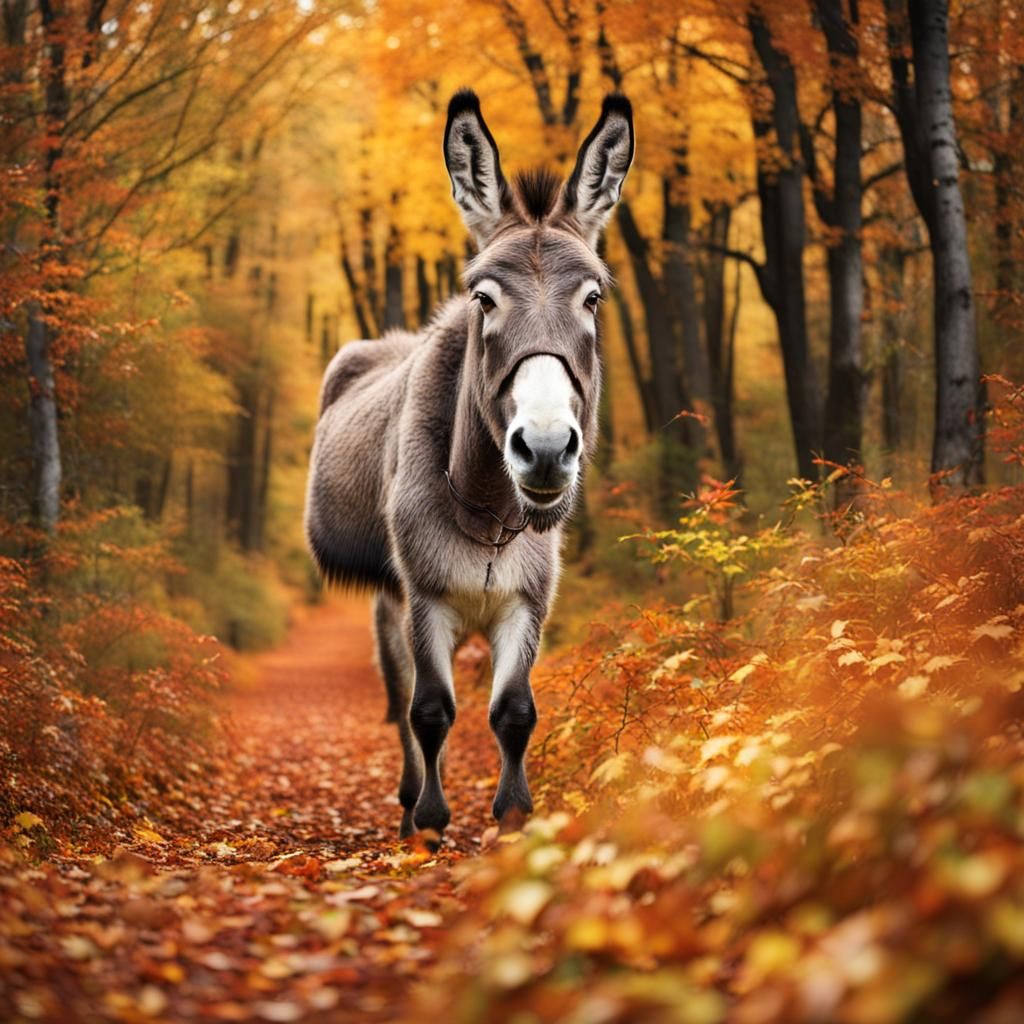 Mirthful Donkey Amidst Vibrant Autumn Foliage