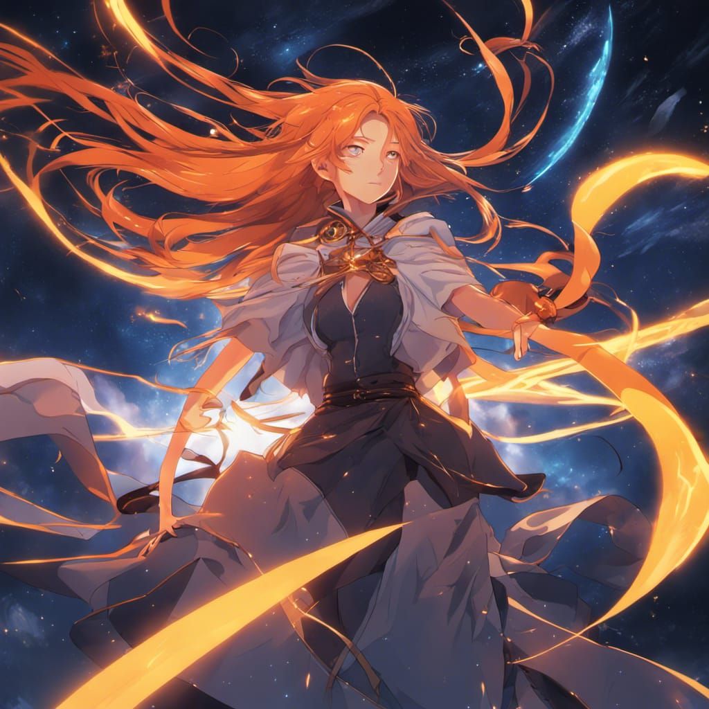 Serious Woman in Neon Orange Hair, Anime Fantasy Fighting, D...
