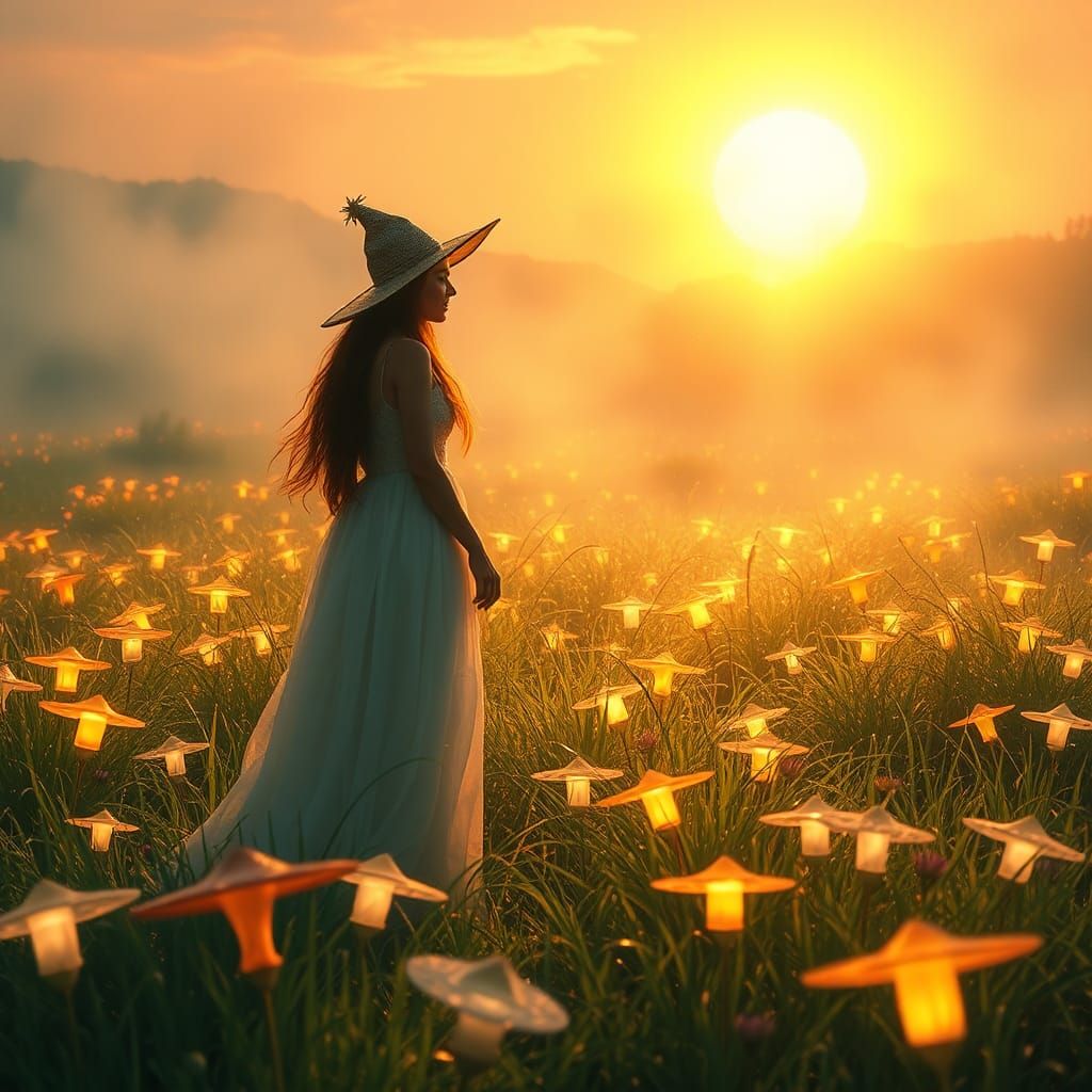 Mystical Woman in Enchanted Hat Field at Sunset