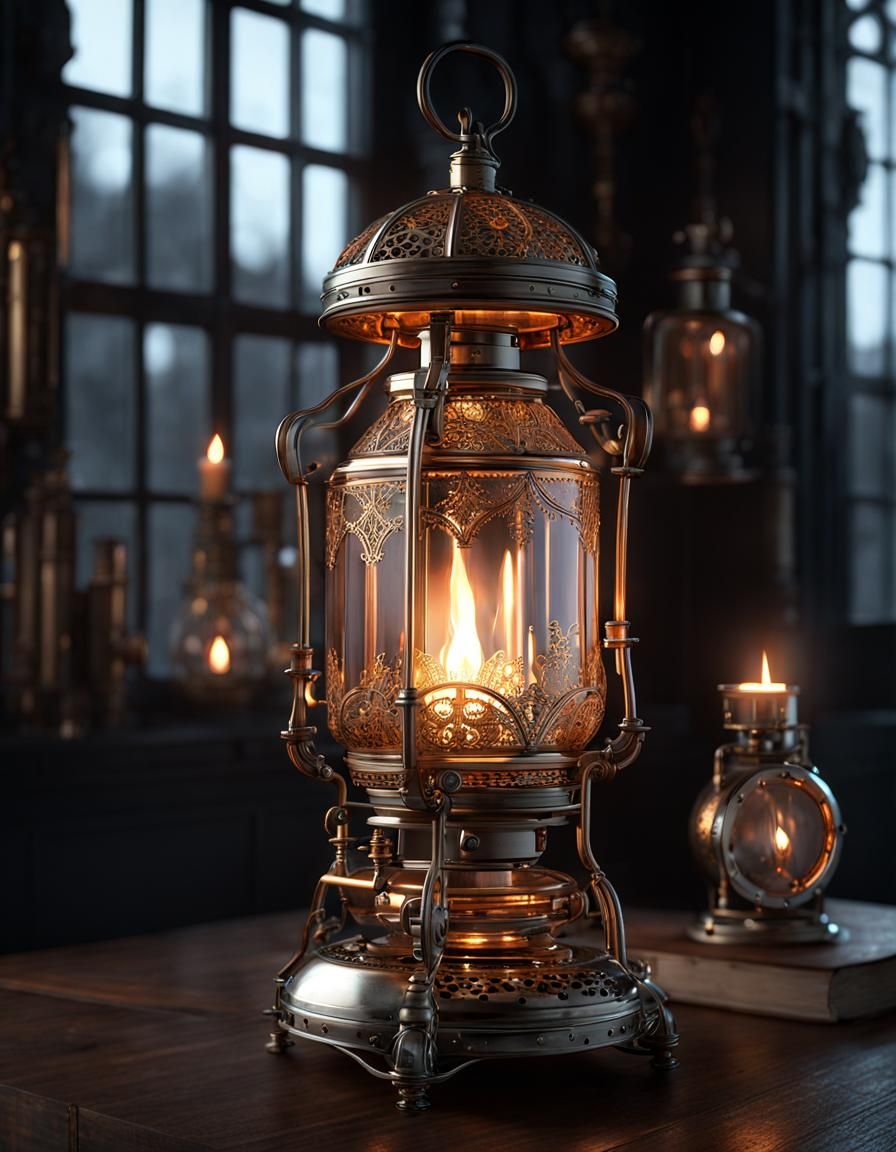Steampunk Lantern in a Dark Workshop