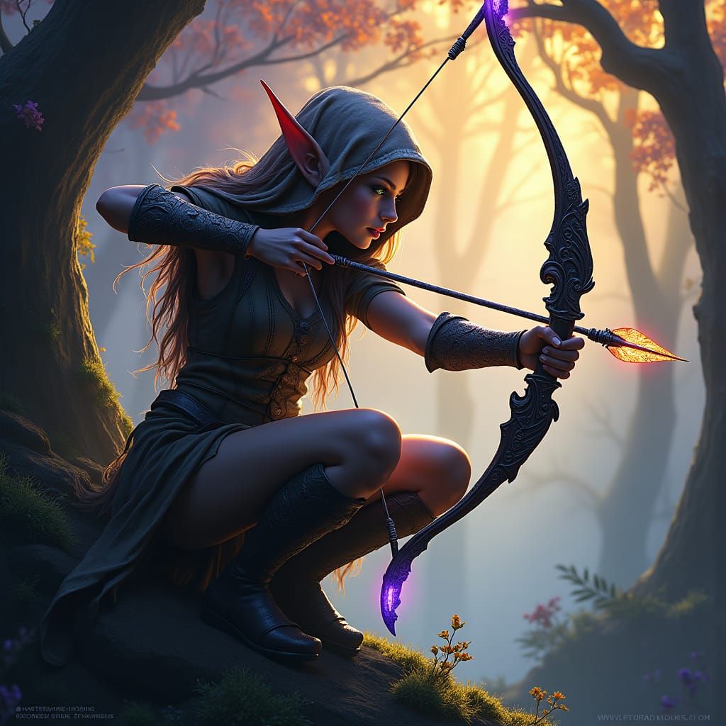 Elegant Elf Huntress Crouches in Lush Tree Canopy with Radia...