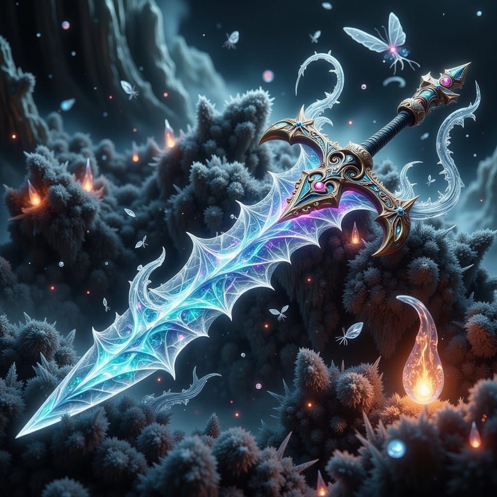 Majestic Ice Sword with Iridescent Dragon Scales and Velvety...