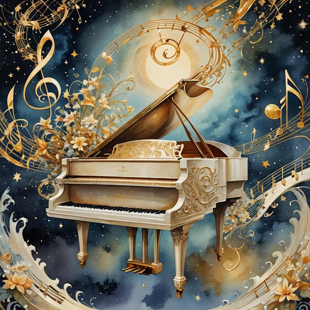 Elegant Piano Under Starry Night Sky, Watercolor Style