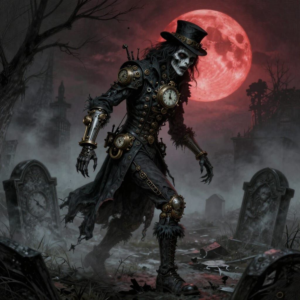 Steampunk Gothic Zombie Personifies Thursday in Graveyard
