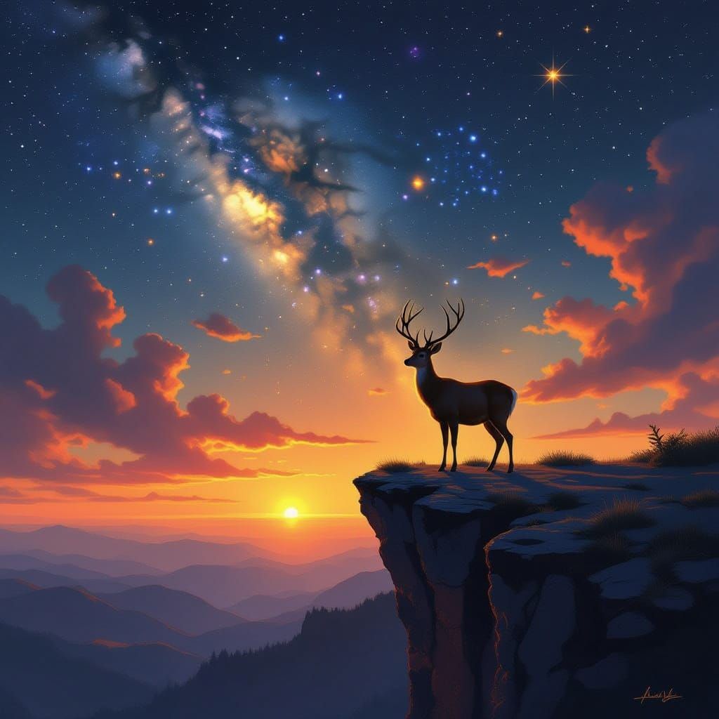 Lone Deer Gazes into Cosmic Sunset Vista