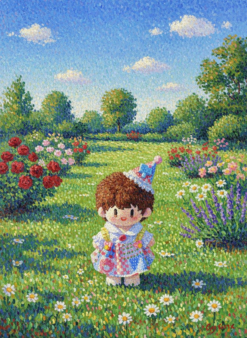 Doll in Sunlit Garden, Neo-Impressionist Pointillism Style