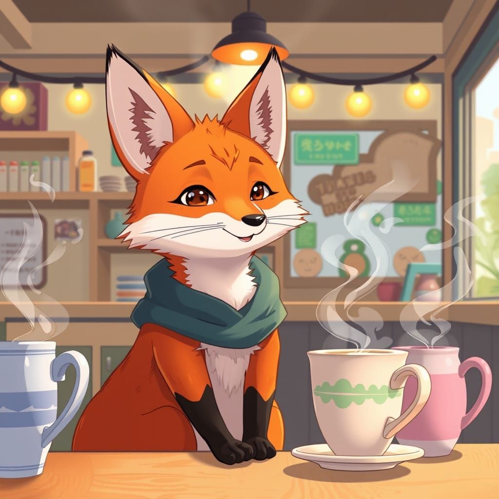 Fox in Anime Coffee Shop with Pastel Colors