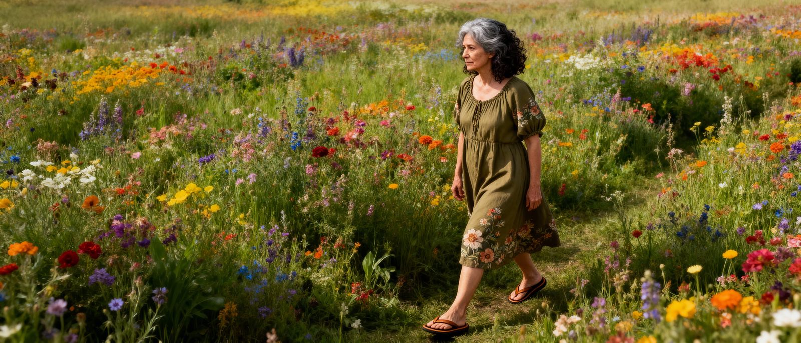Woman in Peasant Dress Walks Through Vibrant Wildflower Fiel...