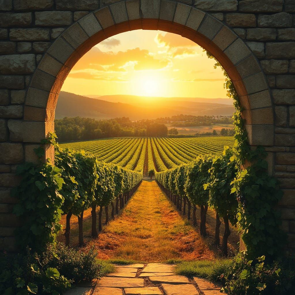 Stone Archway Overlooks Idyllic Vineyard at Sunset