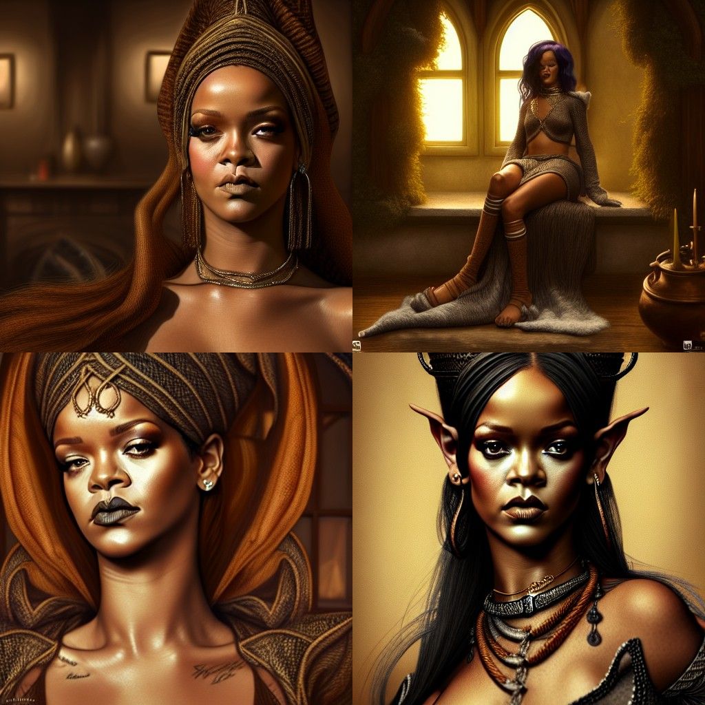 Rihanna Portrait amidst Elegant Elven Inn Hearth in Hyper-Re...