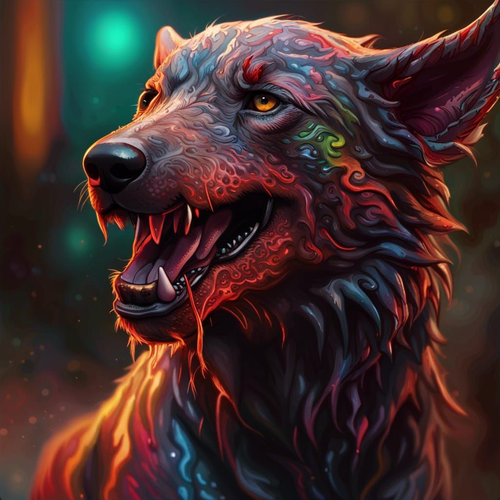 Hyperrealistic Hell Hound in Vibrant Splash Art Style