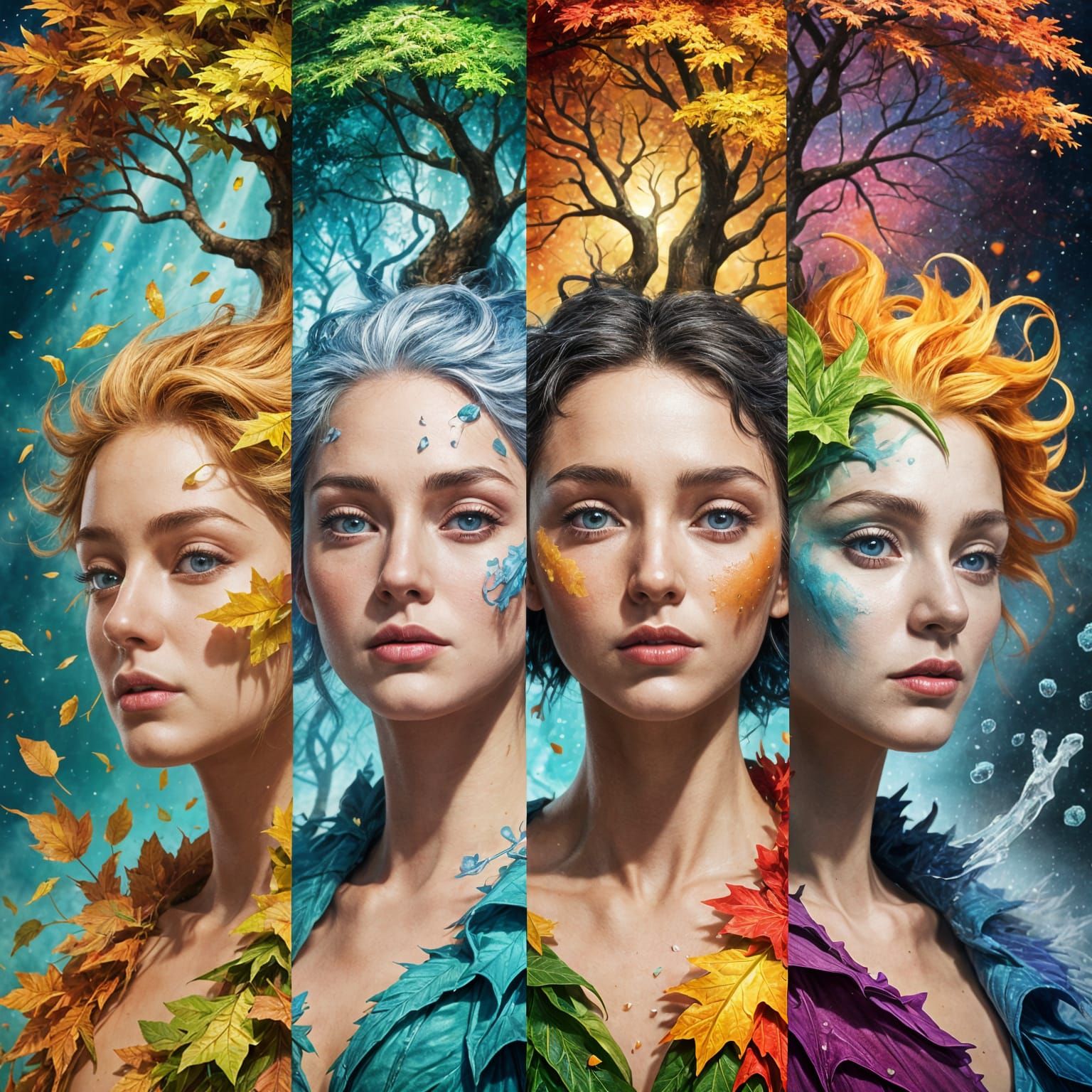 Mystical Seasons Sibling Enchantresses in Vibrant Hyperreali...
