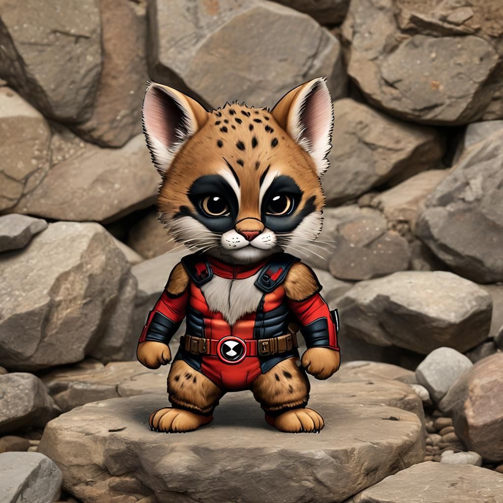 a baby bobcat in a little Deadpool costume