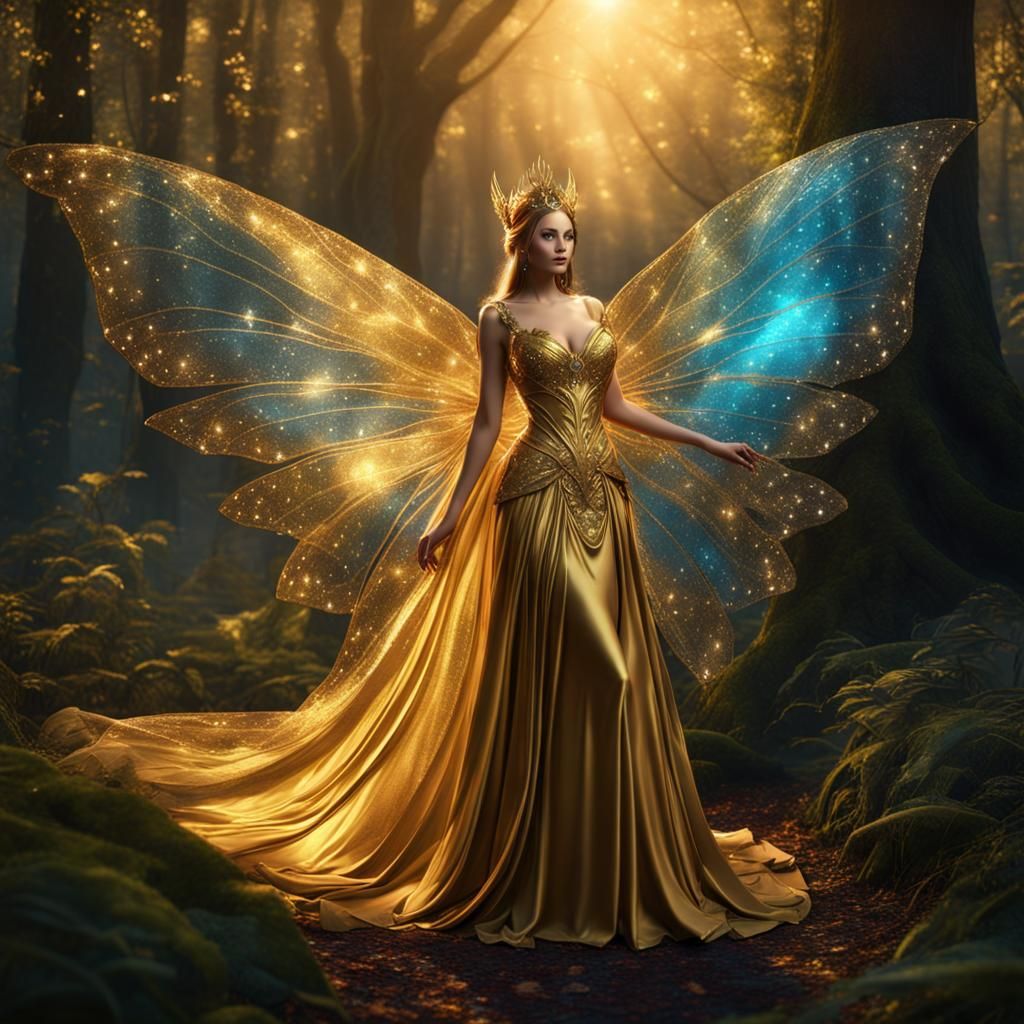 Fairy Queen in an Enchanted Forest of Sparkling Gold and Mag...