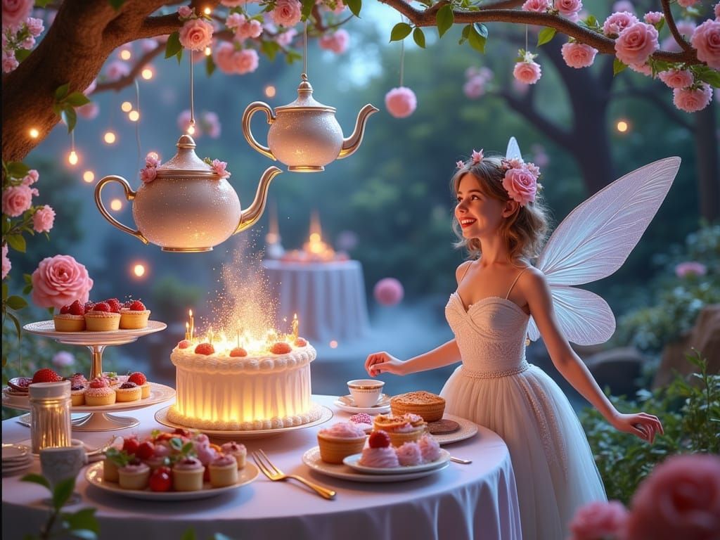 Magical Floating Feast with Fairy Girl in Ethereal Glow