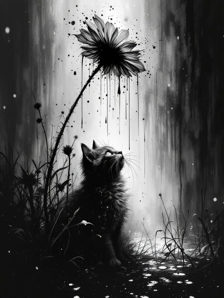 Adorable Kitten Under Flower in Dramatic Noir Light