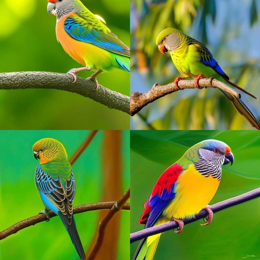 Vibrant Golden Hour Parakeet Sits on a Tree Branch in Crayon...
