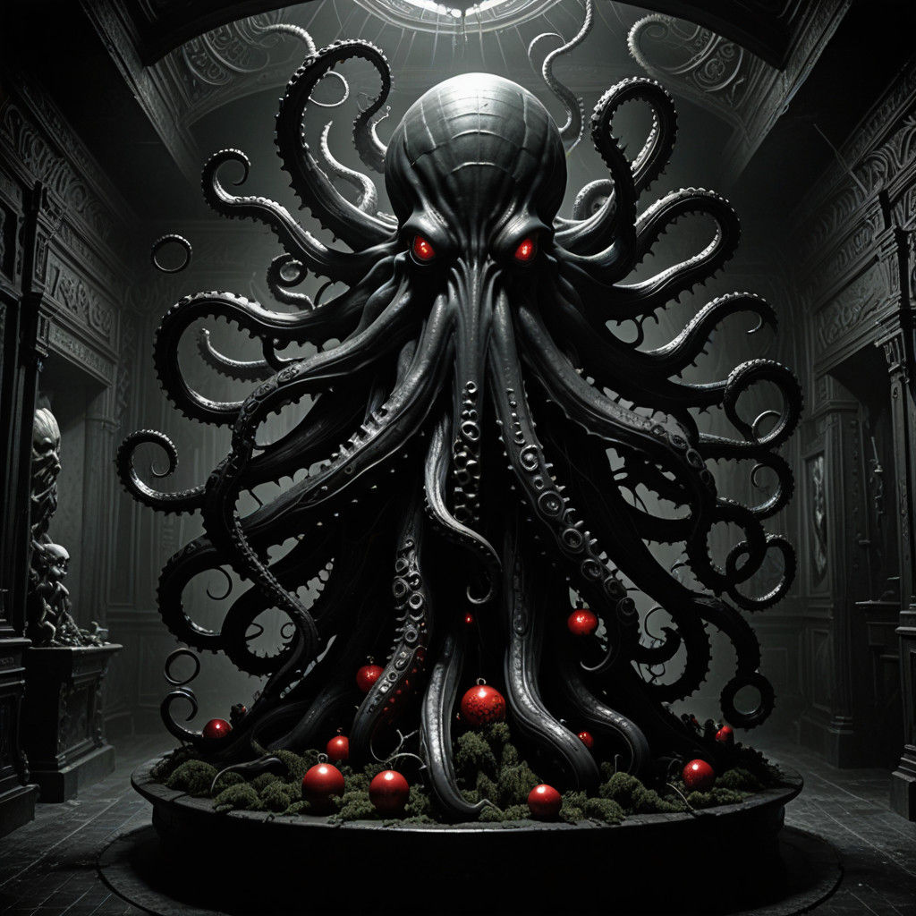 Dark Fantasy Christmas Tree Destruction in a Cinematic Black...