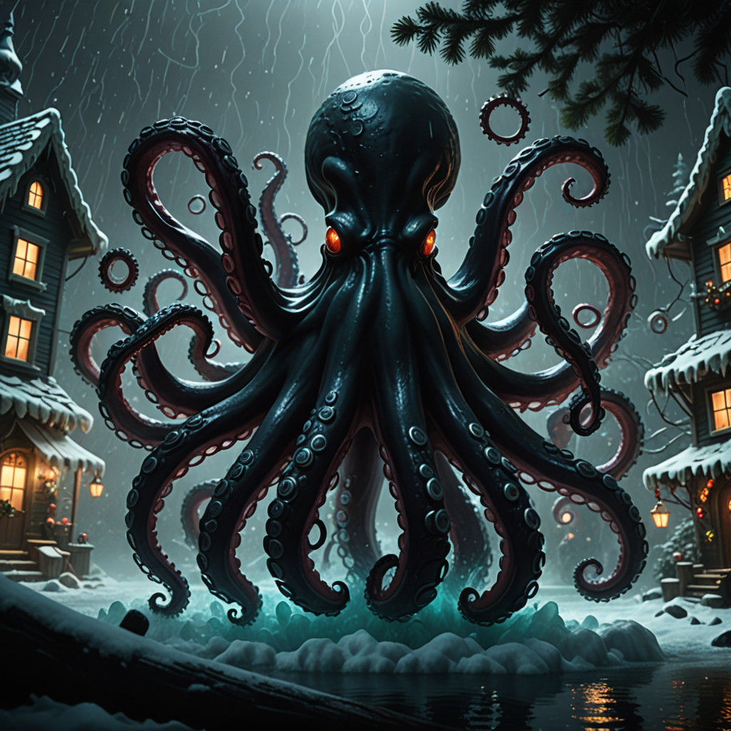 Surreal Christmas Nightmare with Giant Black Octopus Attack