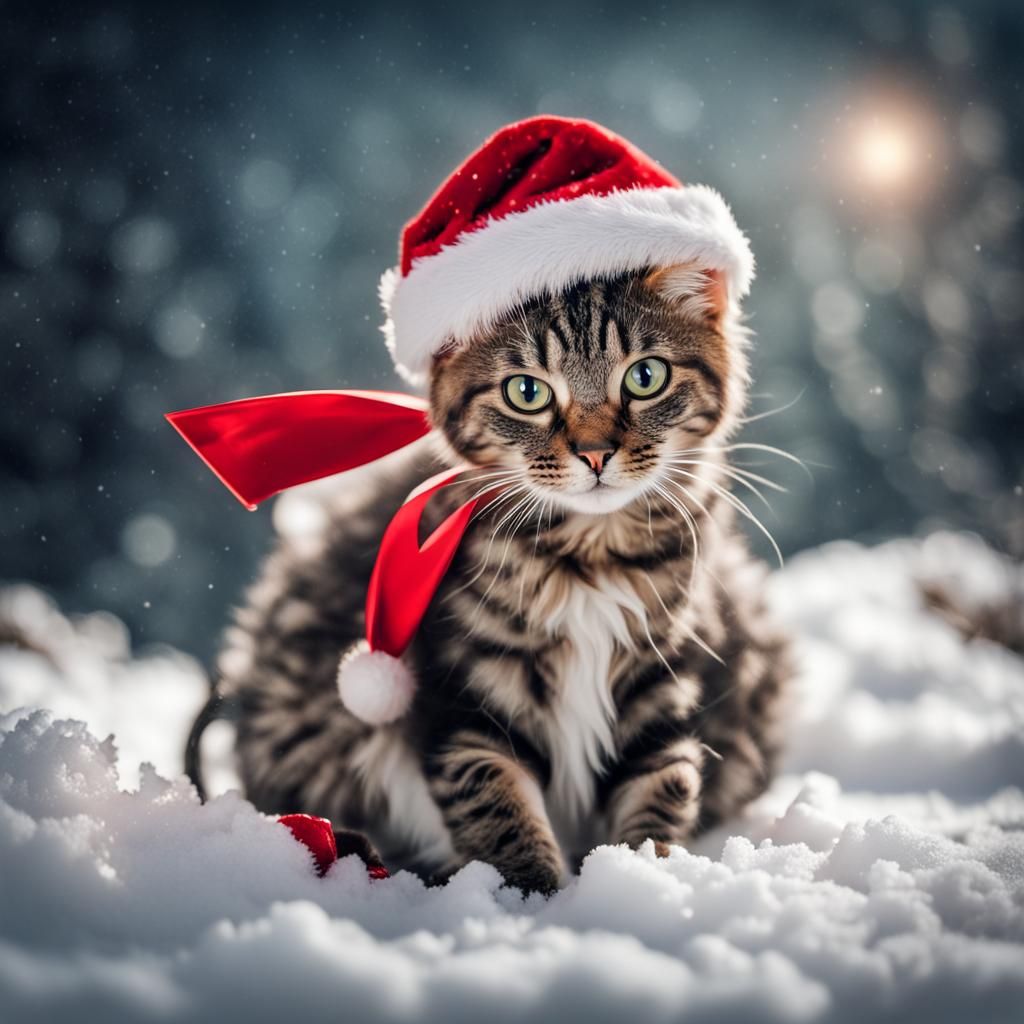 Santa Cat Surrounded by Snowy Splendor in Hyperrealistic HDR