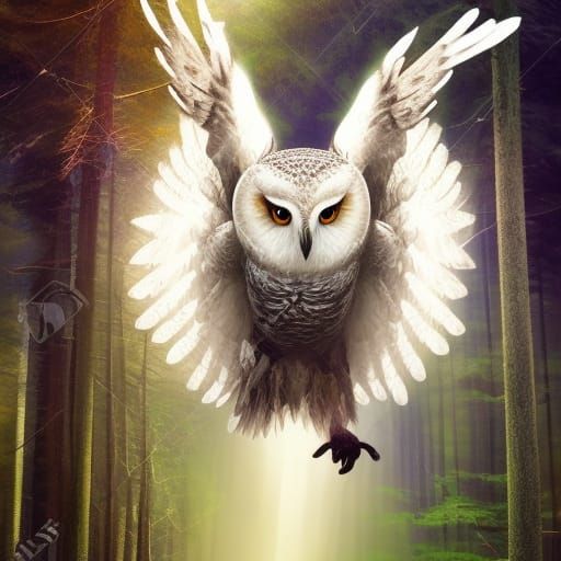 Giant White Owl with Hooded Monk in Hyperrealistic Forest Sc...