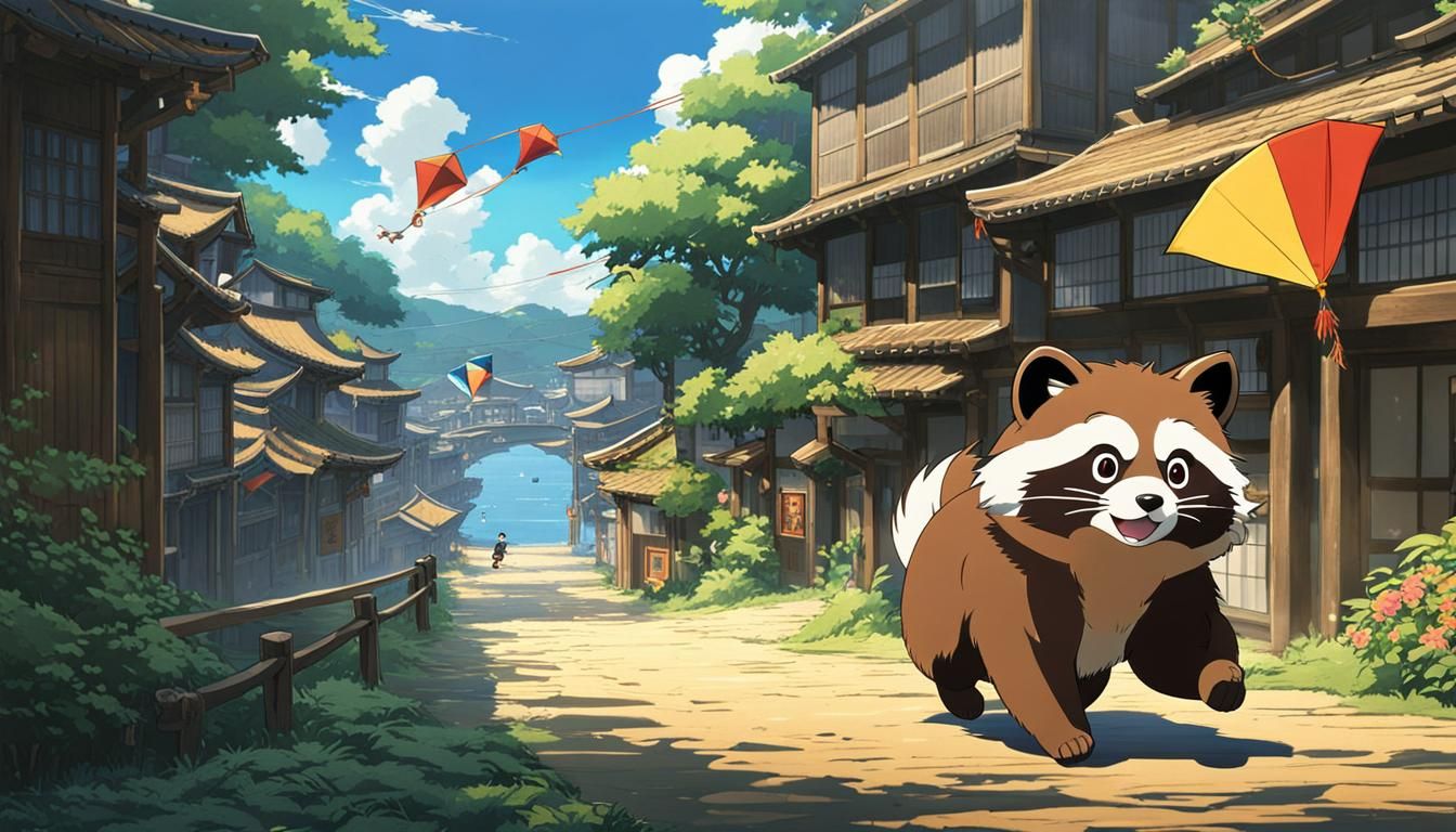 a tanuki, running with his kite, in a japanese port