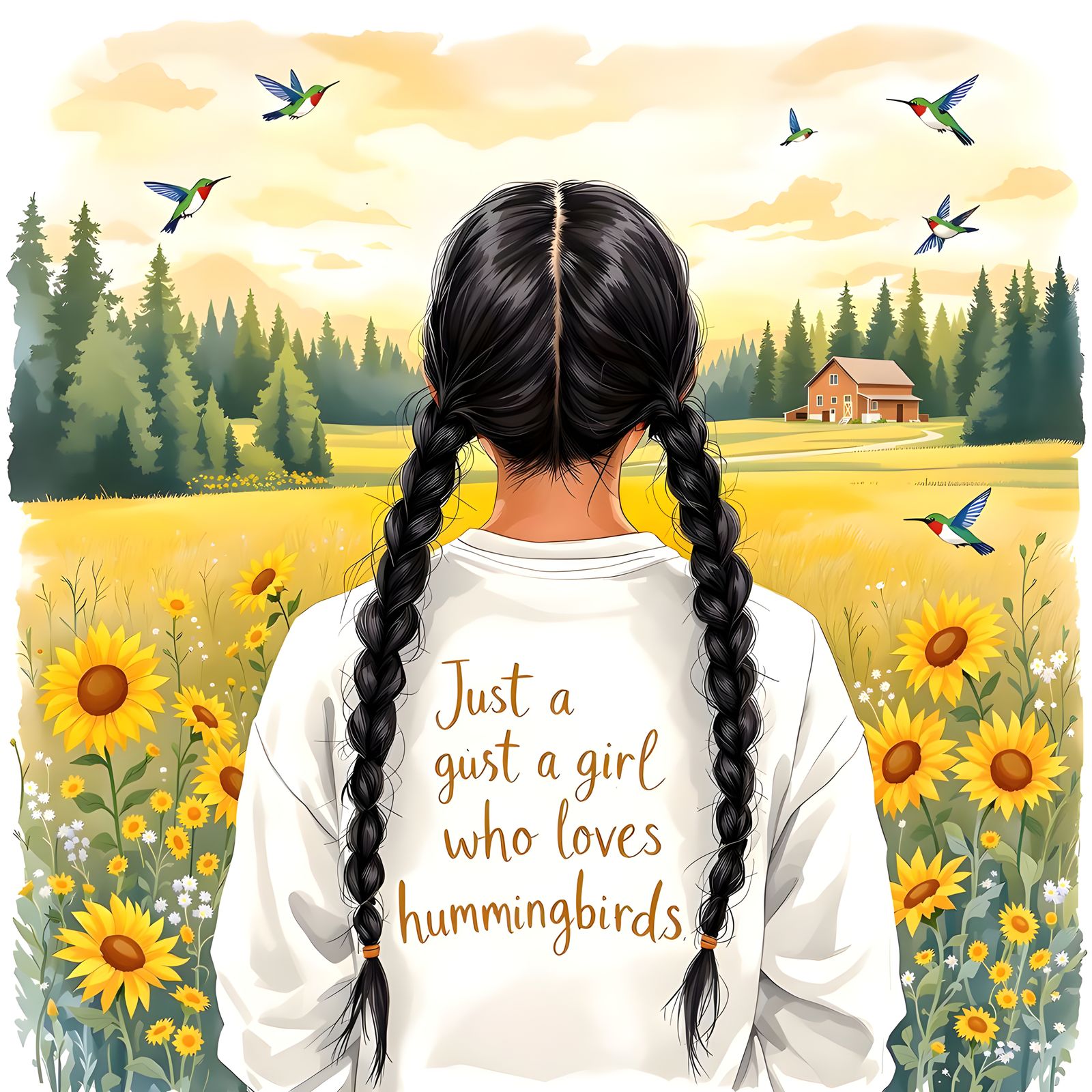 Native American Woman Surrounded by Hummingbirds in a Sunris...