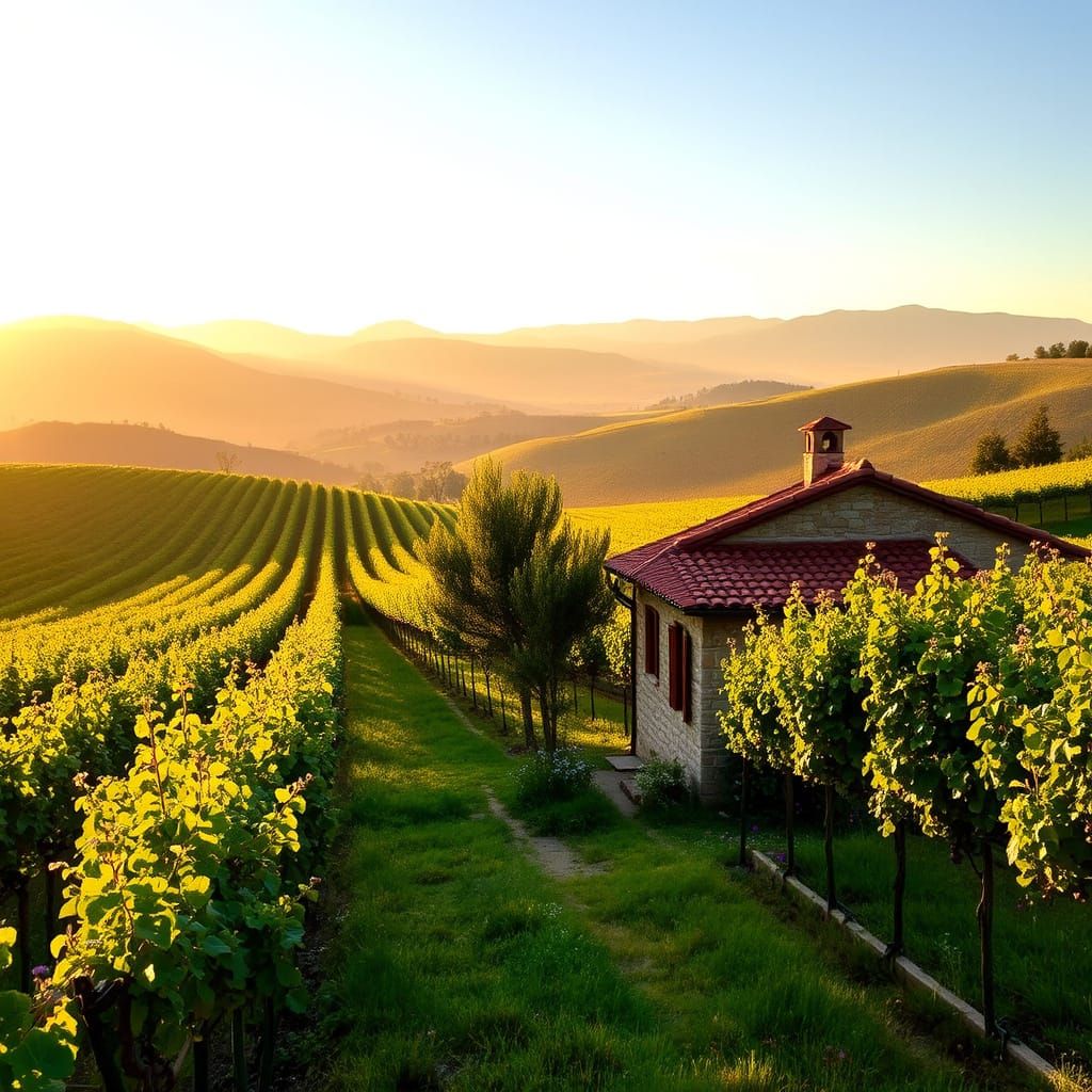 Golden Hour Vineyard Scene with Rolling Hills and Rustic Cot...