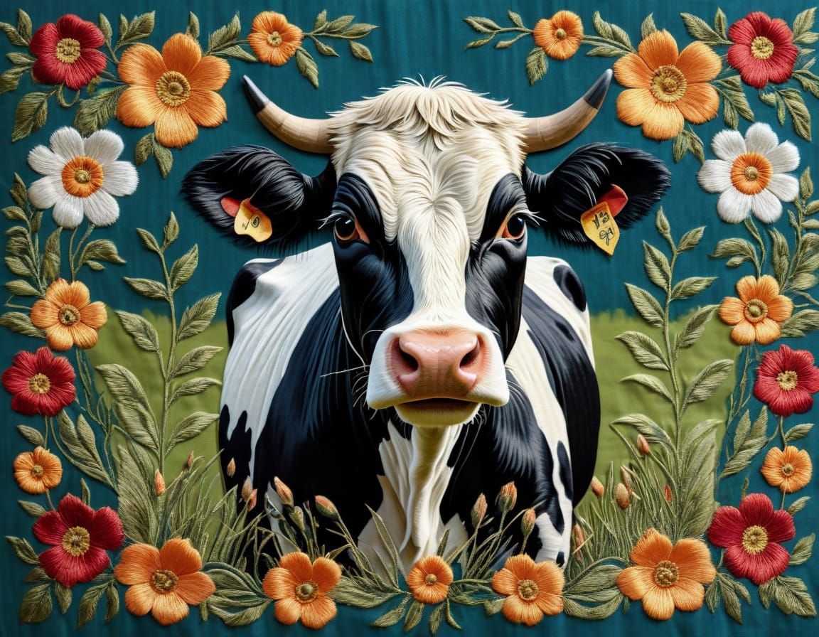 Silk Fabric made Embroidery floral cow in the design of tape...